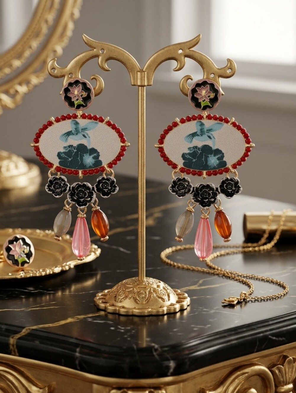 Bohemian Resin Handpainted Bird & Flower Glass Bead Tassel Gold Earrings